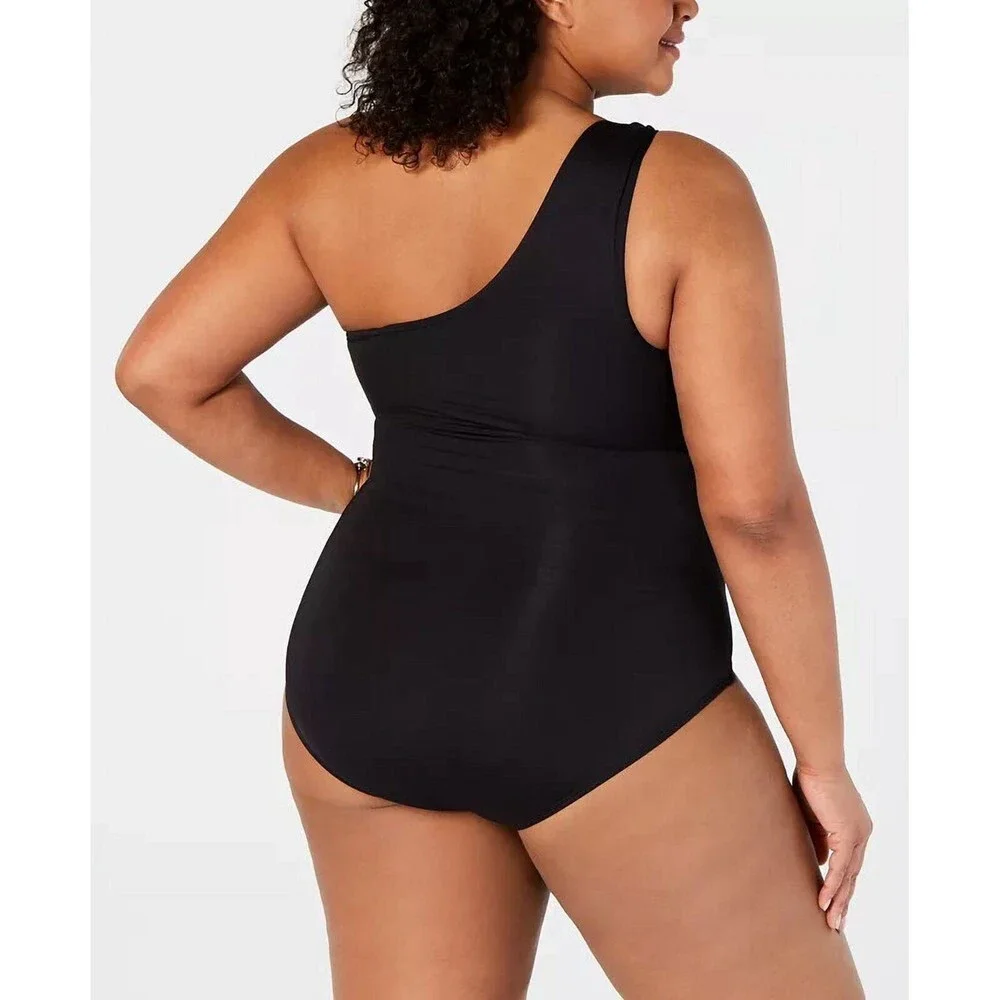 Michael Kors Plus One Shoulder Swim One-Piece Swimsuit 16 Black